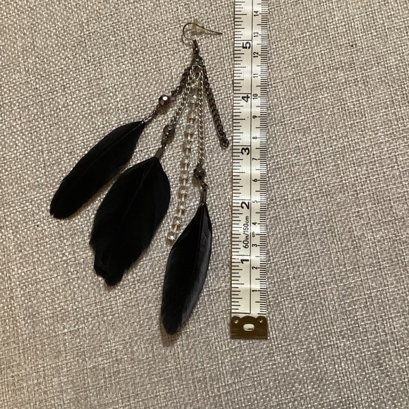 New Classic Black Authentic 3 Feather Earrings with Rhinestones - #188 - Picture 5 of 12